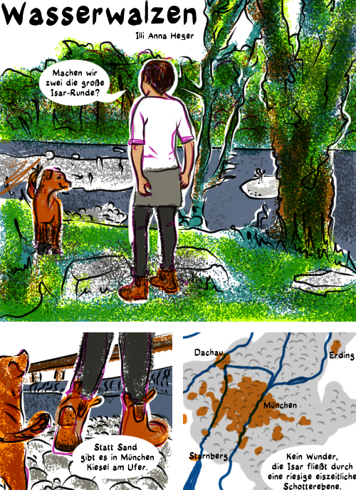 Ein informativer Comic-Spaziergang an der Isar namens Wasserwalzen. Die Transkription des Comics in reinen Text folgt am Ende der Webseite.