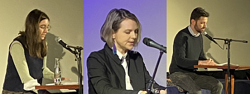 Lesung zur Preisverleihung Literatur Update 2022, v.l.n.r. Clara Heinrich, Volha Hapeyeva, Armin Wühle, © STADTKULTUR